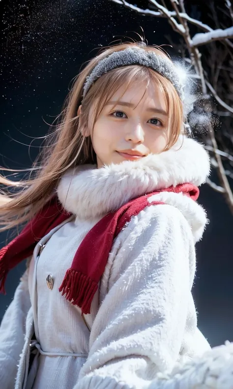 (   staring at something、Diamond dust flutters、クリーム色のhair、Heavy snowfall area、Snow is falling、 blue eyes、 blue eyes、white winter clothes 、Admire the night sky in a frigid region、Im wearing a fluffy red scarf、Her breath is white expression 、A woman looking ...