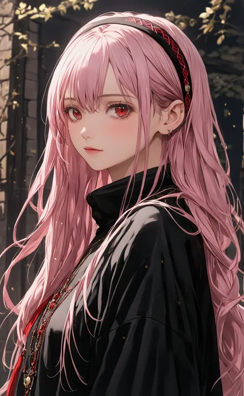 [only one character]She has long, straight, pale pink hair,messy hair, with a black headband with a design that resembles a decorative band.
His eyes are deep red, with an expression of confidence and serenity, almost mocking
She wears a black sweatshirt w...