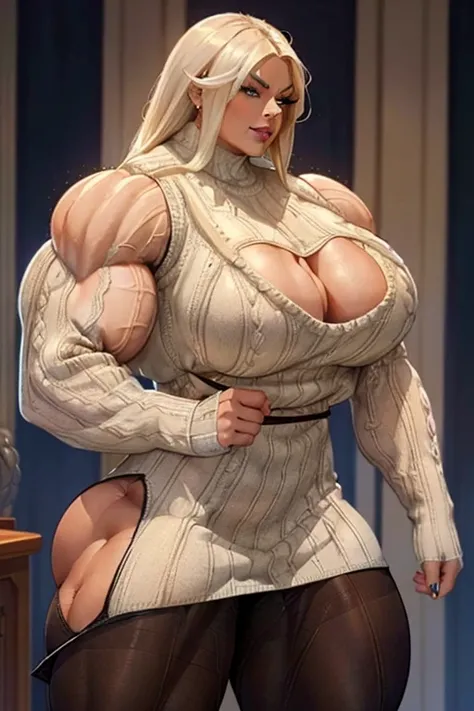 ((Close-up)), tall, white hair, beautiful muscular woman, long hair, brown skinned, (black lipstick), (smirking), (massive muscles), (hyper muscle), ((ginormous bulky muscles)), blue eyes, (((((beautiful sleeveless sweater dress and pantyhose))))), (finger...