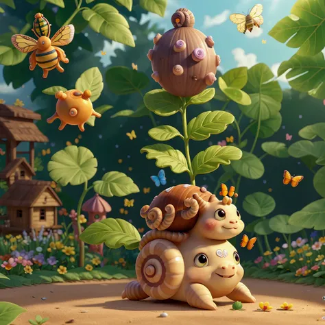 A cute snail with its shell decorated with tiny star and flower designs sits on top of a large, shiny leaf. The garden around it is full of colorful flowers, with butterflies and bees flying gently around.