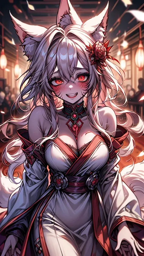 Best Shot, solo, (white hair), long hair, wavy hair, red kimono, (fox ears, nine tails), nine tails, scary atmosphere, bad girl, bewitching, sexy, horror girl, white skin, (white round eyebrows), golden eyes, (grin), shining eyes, (yandere degree: 1.4), cr...