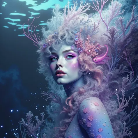 A fantasy-style Pisces woman as a magical hybrid creature. She has shimmering, iridescent skin blending human softness with fish-like scales in vibrant shades of purple, pink, and blue. Her lower body transitions into a hybrid form with human-like legs int...