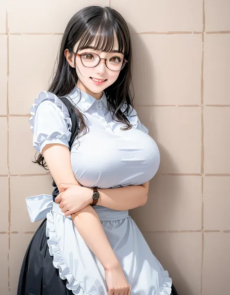  Masterpiece ,  1 girl, Big Breasts,  black hair,  braided ,  Brown Eyes , Glasses, Maid,  Watch viewers, smile,  standing, art, Colored pencil drawing, draft,, ((( lean against the wall ,  standing ))), ,,,(cowboy shot:1.4), ,