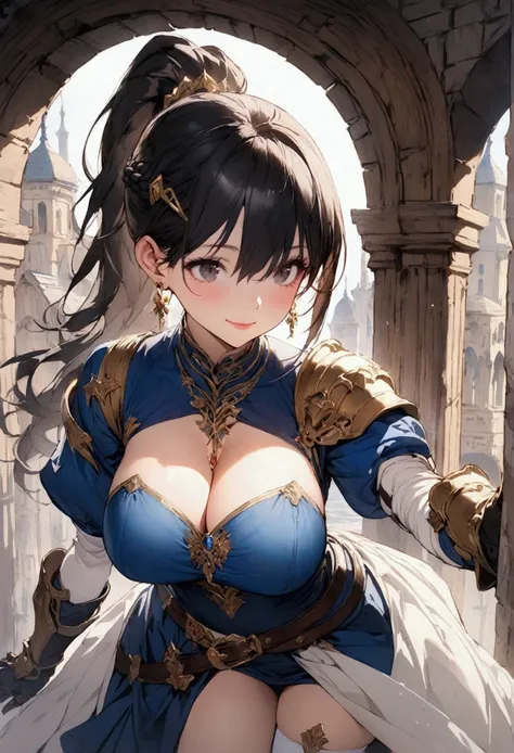 (masterpiece),(best quality),(ultra-detailed),(best illustration),(best shadow),(detailed background), 1girl, breasts, thighhighs, braid, asymmetrical-legwear, black-hair, gauntlets, hair-ornament, cleavage, solo, standing, ((large-breasts)), mismatched-le...