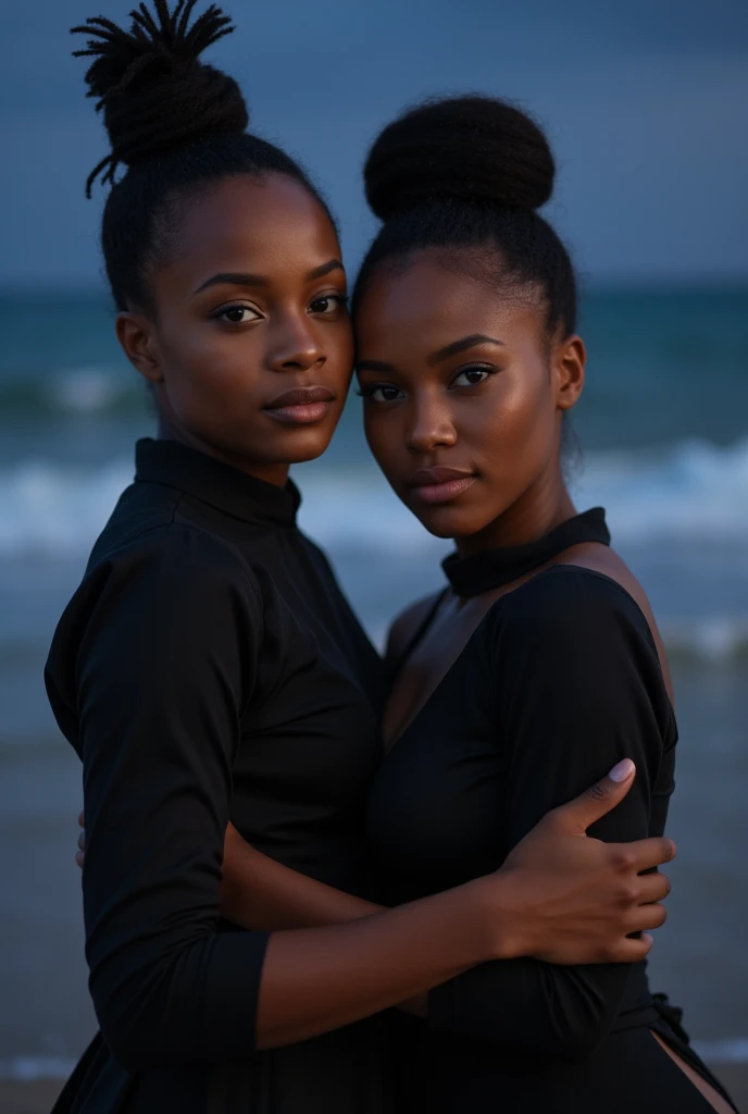 from behind, On the beach, raining, no moonlight, waist deep in water, a contre jour, beautiful detailed eyes, beautiful detailed lips, extremely detailed face and skin, long eyelashes, a detailed portrait of two beautiful african hautains girls with dark ...