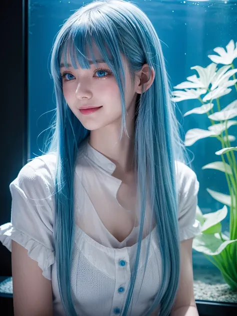  light blue hair , with bangs,accurate,  long hair,  blue eyes, Halftone Style,  super detailed,  depigmented ,Fair skin, straight hair,young, gentle colors,  soft light ,  Realism, light blue-grey hair, rough breathing, Red face, backlight,  In an aquariu...