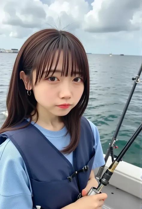  1 girl, solo,  high definition , masterpiece,  anatomically correct,  high detail ,  top quality,  Ultra High Definition,  textured skin,  Cowboy Shots,  Im on a fishing boat ,I have a fishing rod in my hand , Im wearing a life jacket,