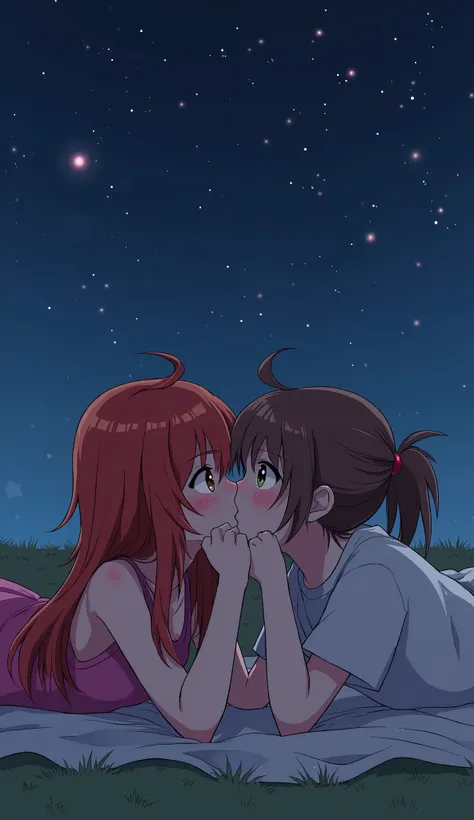 on a starry night, under a sky full of stars, Two girls are lying on a blanket on the floor. The first girl has red hair, messy and loose to the shoulders, while the second has brown hair. They are both in a relaxed and tender posture. The redhead girl is ...