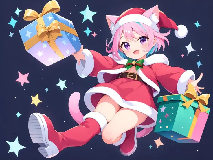 (((pink and light blue))) ((streaked hair)), highlights hair, Christmas background 、 Santa costume、 short hair, masterpiece, smiling, front view, full body shot, purple eyes, , with cat ears, loli ,  line art , , 1girl