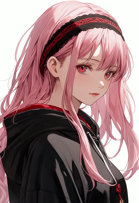 young woman,carefree attitude,She has long, straight, pale pink hair with a black headband with a design that resembles a decorative band. His eyes are deep red, with an expression of confidence and serenity, almost mocking. He wears a black sweatshirt wit...