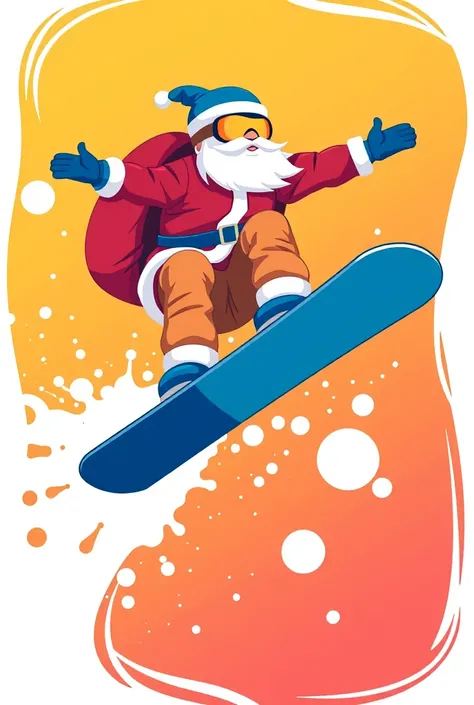 Illustration of a santa style snowboarder in action. the snowboard is blue and the rider is wearing a red and white jacket, orange pants, and a blue helmet with orange goggles, carrying red santa bag. the background is a gradient of orange, yellow, and pin...