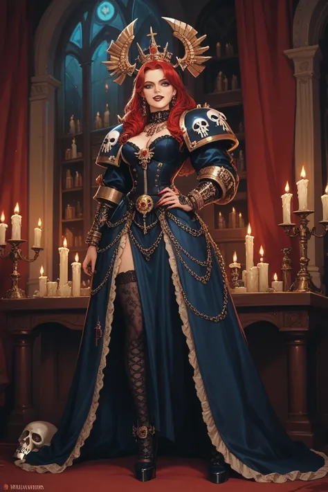  girl . Dark red hair .  In a luxurious dark blue mundire dress .  Standing full length in a room with skulls and candles. He holds the flame in his hands . animation style. Warhammer 40 thousand. 