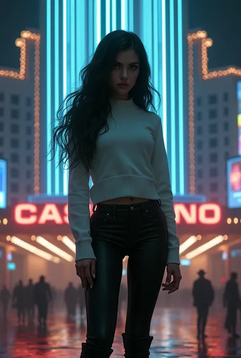 female, long black hair with one white tip, slightly larger breasts, not to skiny ,green eyes, wears a white sweater, black leggings and boots. stands in front of a casino at night. She has a dark aura,
