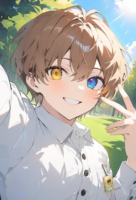 1man, man,  Short Hair ,  brown hair ,  heterochromia,  golden left eye , right eye green,  white shirt with buttons , selfie,  In a park , blush, smile, EyesHD ,  high gradient eyes , detailed eyes, High Definition Eyes