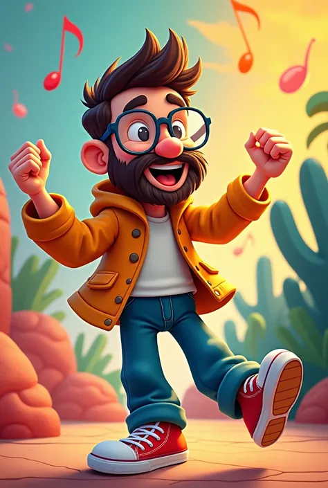 Jeune homme streameur brun barbu a lunette  style dessin animé  qui danse 
