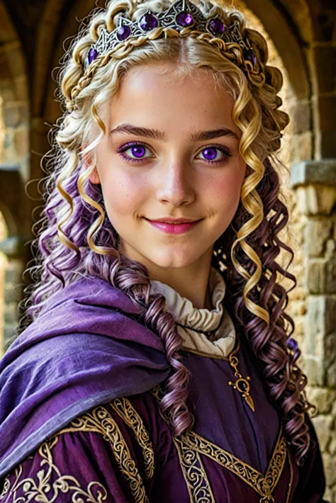 Girl, teenager, 19 years old, Medieval Costumes, curly hair, blonde hair, clothes in purple colors, medieval, purple eyes, cheerful look  