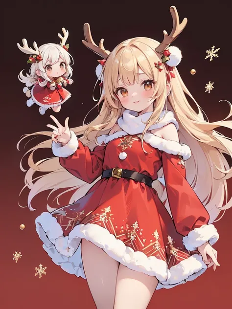 (Top quality, 4K, high resolution, masterpiece), (( perfect anatomy )), cute girl , chibi, very long blonde hair, brown eyes, ((👄)), smile, red Santa Claus dress with gradient background , floating light point , (( princess in a wonderful Christmas dress, ...