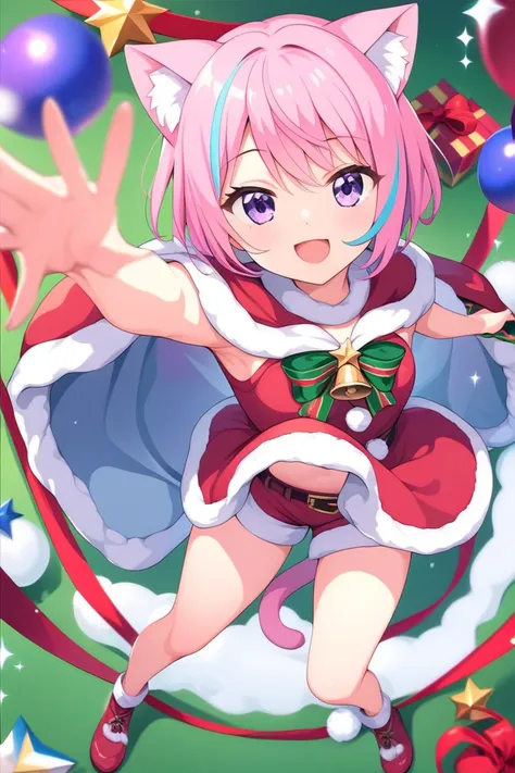 (((pink and light blue))) ((streaked hair)), highlights hair, Christmas background 、 Santa costume、 short hair, masterpiece, smiling, from above, full body shot, purple eyes, , with cat ears, a girl ,  line art , , 1girl