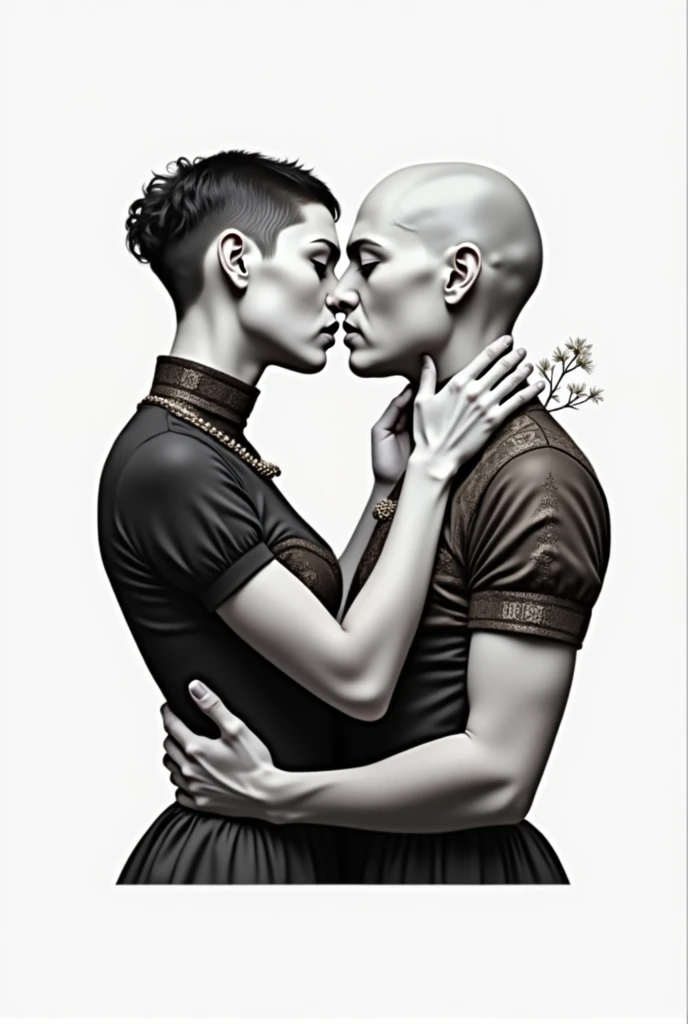 (Improved realistic photography) ( two queers ) (dressed ) ( 19th century clothing aristocracy)(androgenic aspect)(fluid gender ) (non-binary gender)( kissing on the lips) (embraced) (you can see the hands) ( queer person 45 years old short hair shaved wit...