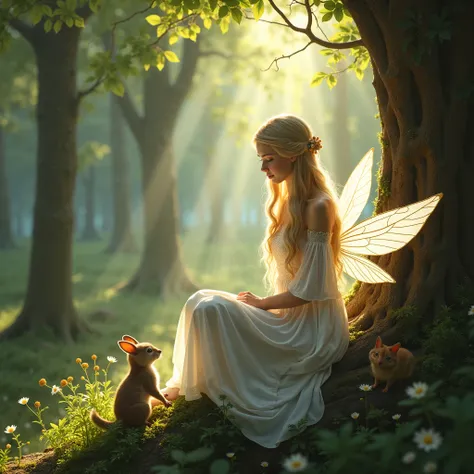 Pretty blonde fairy teen face.  in an enchanted forest :  The fairy can sit on a tree trunk , surrounded by very tall trees ,  with rays of light filtering through the leaves and small animals watching her from the shade. white ethereal dress with gold orn...