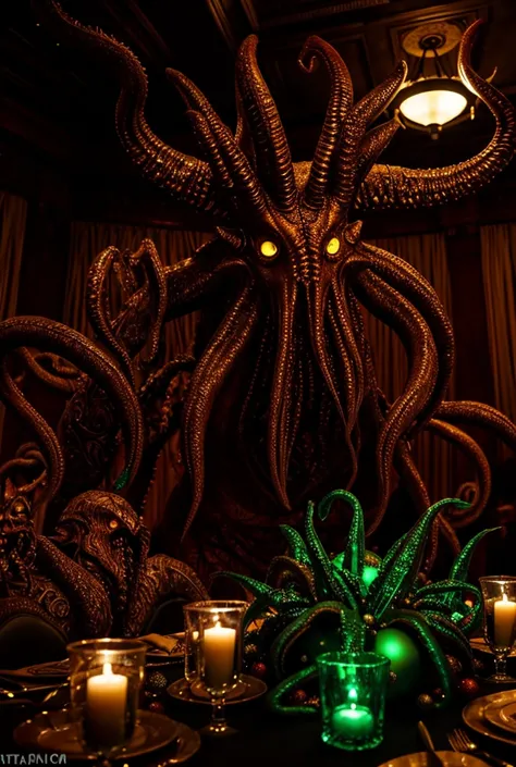 Cthulhu, festive Christmas attire, swanky Christmas party, attractive guests, banquet room, detailed creature design, eldritch horror, cosmic horror, dark fantasy, intricate party scene, surreal atmosphere, dramatic lighting, cinematic composition, masterp...