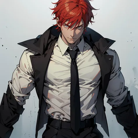 {
  "prompt": " Create an image of a male character inspired by Makima from Chainsaw Man, with red hair, smooth and slightly misaligned , and clear eyes, cold and calculating.  He must be wearing a well-fitting black suit , with white shirt and tie .  The ...