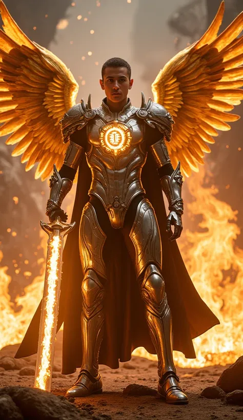 A majestic armored figure with large, golden wings stands confidently amidst a mystical, fiery landscape. The character wears an intricate and futuristic silver and gold cyber neonsuit with glowing led lights, adorned with ornate details and a glowing embl...