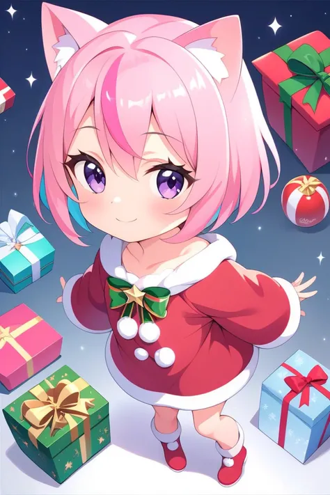 (((pink and light blue))) ((streaked hair)), highlights hair, Christmas background 、 Santa costume、 short hair, masterpiece, smiling, from above, full body shot, purple eyes, , with cat ears, loli ,  line art , , 1girl