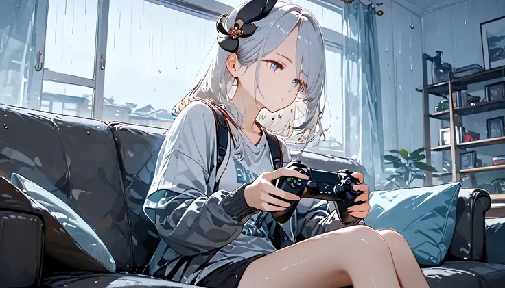 shenhe, she plays video game,hold a controller,sitting a sofa,brown sofa,in house,living room,window,outside rainy,from the side