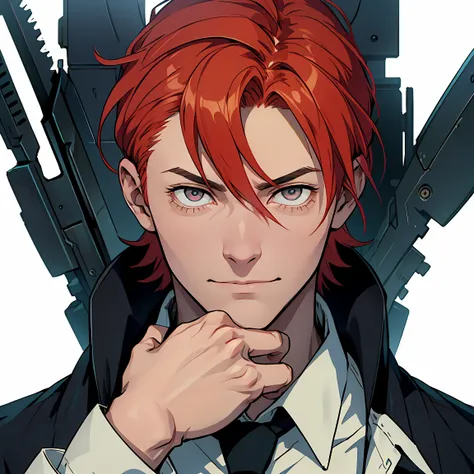 {
  "prompt": " Create an image of a male character inspired by Makima from Chainsaw Man, with red hair, smooth and slightly misaligned , and clear eyes, cold and calculating.  He must be wearing a well-fitting black suit , with white shirt and tie .  The ...