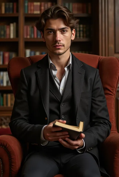 Latin man,  with clothes style  "Old money" sitting on a chair and in the background a vintage and elegant library ,  he is holding a book in his hands and looking at the camera with a serious expression,high resolution ,  masterpiece , Necessary,  anatomi...