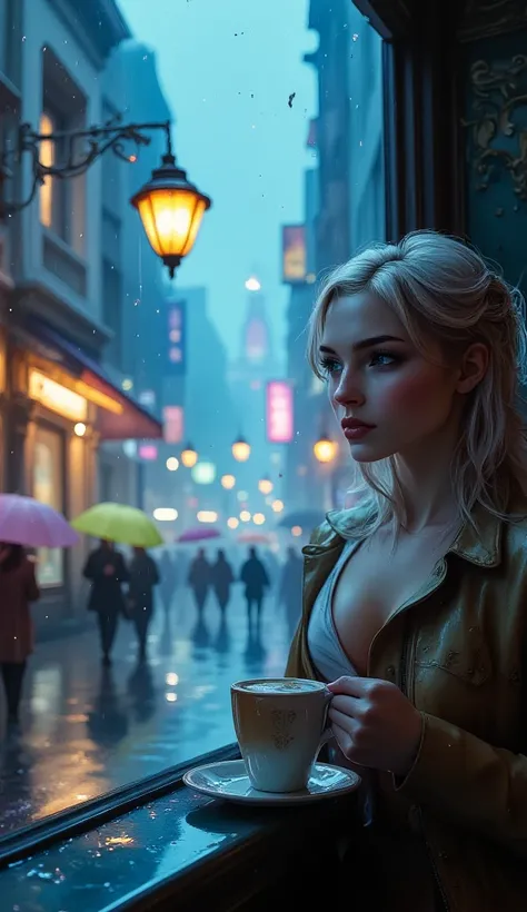  woman looking out the window with a cup of coffee ,  sees people walking with umbrellas down the street illuminated by a lantern,  torrential rain , puddles on the street , The glass has drops of water falling , chiaroscuro, cinematic lighting, UHD, Retin...