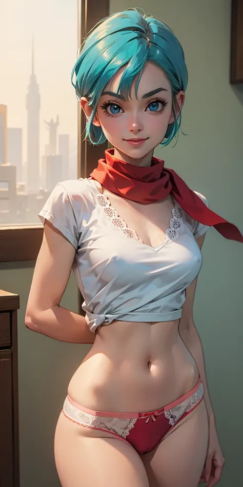 bulma, (masterpiece, best quality:1.2), cowboy cut, Alone, 1 girl, bulma, smile, Looking at viewer, short hair, wearing short loose shirt, wearing transparent lace panties, perfect body, thin chest, small breasts, slim figure, red scarf, high details