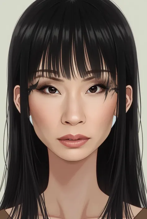 Create a woman with a square face, Japanese eyes, a thin nose, a voluminous mouth, small eyelashes, Black straight hair,