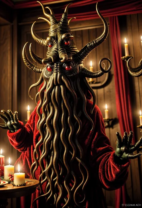 Yule Creature Holiday Party, Cthulhu wearing festive Christmas attire hosting a swanky Christmas party, Krampus, Belsnickel, Frau Perchta, festive banquet room, detailed creature design, eldritch horror, cosmic horror, dark fantasy, intricate party scene, ...