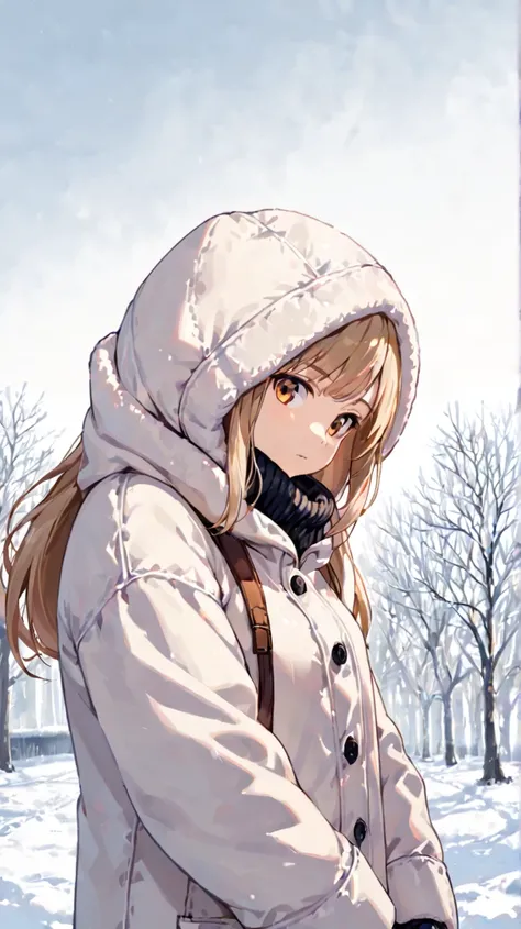 A girl in warm clothes looking at the front 