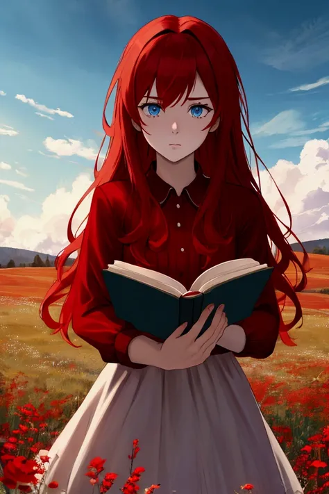 red-haired girl with long red hair ,  intense sky blue eyes and red and white dress, female,  reading a book, beautiful, in a meadow, high