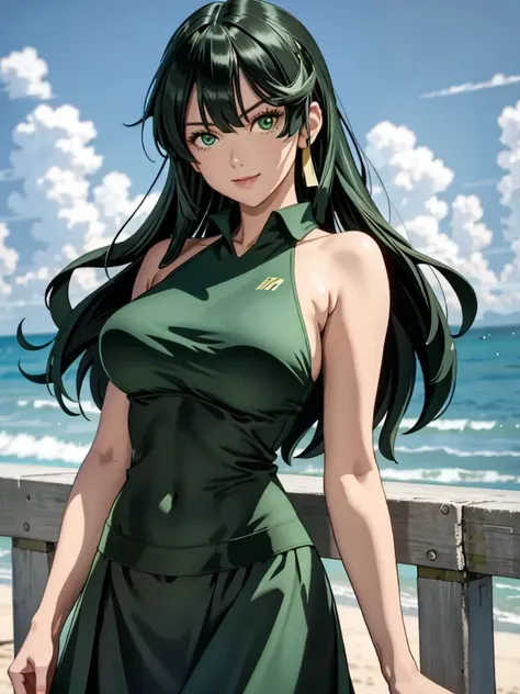 "one-girl，masterpiece level work，Best Picture Quality，Facing the camera，ssmile，green skirt，Raised sexy，look straight at the camera，long whitr hair，perfect bodies，beachside，Green hair，Off-the-shoulder attire。Large breasts