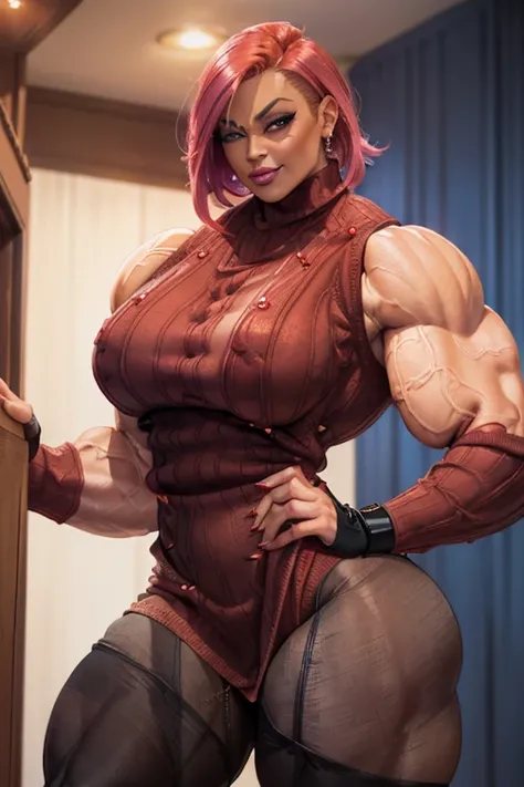 ((Close-up)), tall, shocking pink hair, beautiful muscular woman, angled bob hair, brown skinned, (black lipstick), (smirking), (massive muscles), (hyper muscle), ((ginormous bulky muscles)), red eyes, (((((beautiful sleeveless sweater dress and pantyhose)...