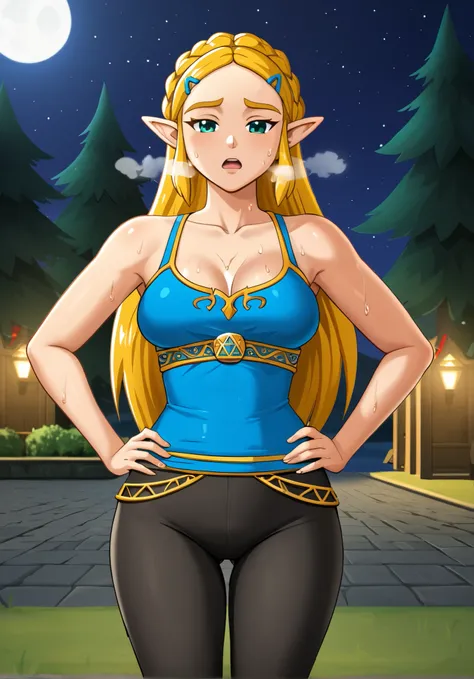 masterpiece, best quality, highres, aazelda, Princess_Zelda, long hair, crown braid, hairclip, pointy ears, blue tanktop,, black pants with yellow stripes, tight pants, night, standing, cowboy shot, outdoors, hands on hip, open mouth, out of breath, sweaty...