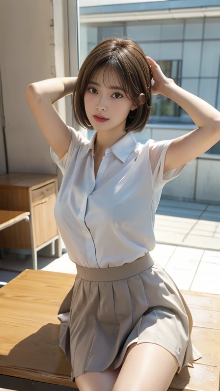 (( top quality, 8k,   table top in front of you: 1.3,   RAW photo)),    sharp concentration : 1.2, (1. Espagirl  :1.1), Alone, ( realistic ,  realistic : 1.37), (  face focus : 1.1),   cute face,   high definition face  ,  brown hair and short tousled hair...