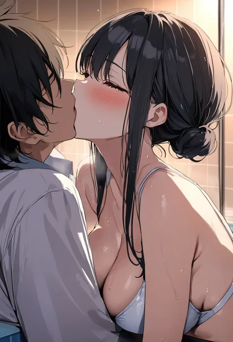 (( top quality)), (( Masterpiece )), ( Details), ( 1 Anime Girl ),  sexy, ( black hair), Bust 9５Big breasted OL in CM ,  young woman, Pool at night, ( sexyな水着の女性), (Woman kissing man in shower room)