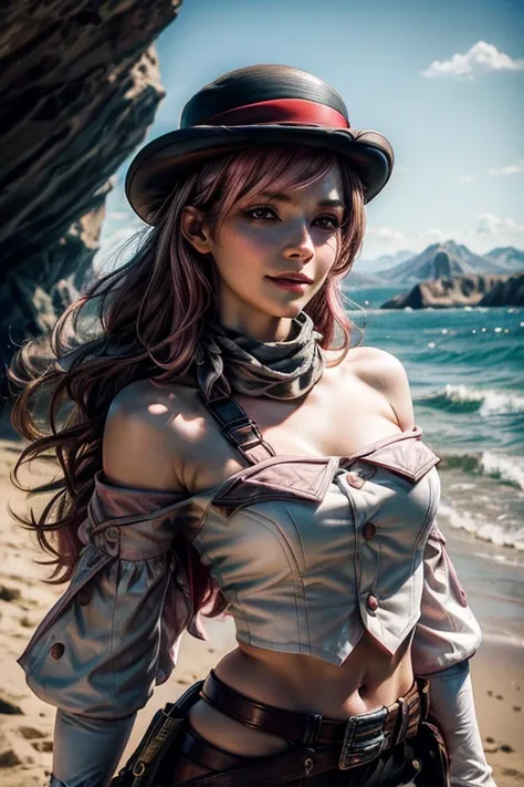 pink and brown hair, multicolored hair, neopolitanatlas, bowler hat, grey scarf, white gloves, white shirt, off-shoulder shirt, black sleeves, midriff, white belt, black skirt, smile, sunny day, standing on a beach, near cliff, mountain range in the backgr...