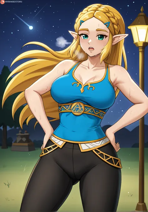 masterpiece, best quality, highres, aazelda, Princess_Zelda, long hair, crown braid, hairclip, pointy ears, blue tanktop,, black pants with yellow stripes, tight pants, night, standing, cowboy shot, outdoors, hands on hip, open mouth, out of breath, sweaty...