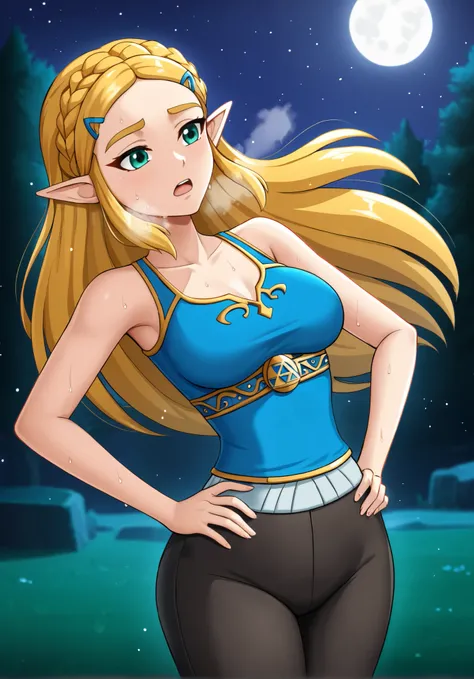masterpiece, best quality, highres, aazelda, Princess_Zelda, long hair, crown braid, hairclip, pointy ears, blue tanktop,, black pants with yellow stripes, tight pants, night, standing, cowboy shot, outdoors, hands on hip, open mouth, out of breath, sweaty...