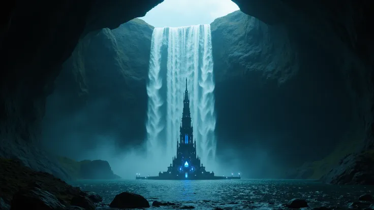 photorealistic, IMAX film, stark contrast, rich texture environment, a massive phosphorescent waterfall plunges down from total darkness into a deep, subterranean ocean in an endless cave, there is no daylight, the waterfall dwarfs an iron citadel glowing ...