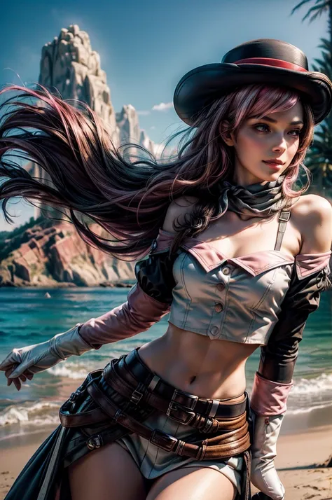 pink and brown hair, multicolored hair, neopolitanatlas, bowler hat, grey scarf, white gloves, white shirt, off-shoulder shirt, black sleeves, midriff, white belt, black skirt, smile, sunny day, standing on a beach, near cliff, mountain range in the backgr...