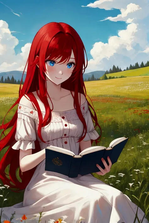 red-haired girl with long red hair ,  intense sky blue eyes and red and white dress, female,  reading a book, beautiful, in a meadow, high, happy, calm