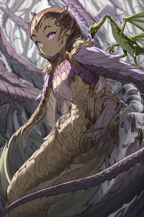  A hybrid girl with a mantis, Waist wing ,  scaly layer on the skin , Beautiful appearance,  long arms with claws and blades on the shoulders,  long, muscular legs to jump , brown color on her skin ,  purple color on her wrists ,  innocent posture , Let th...