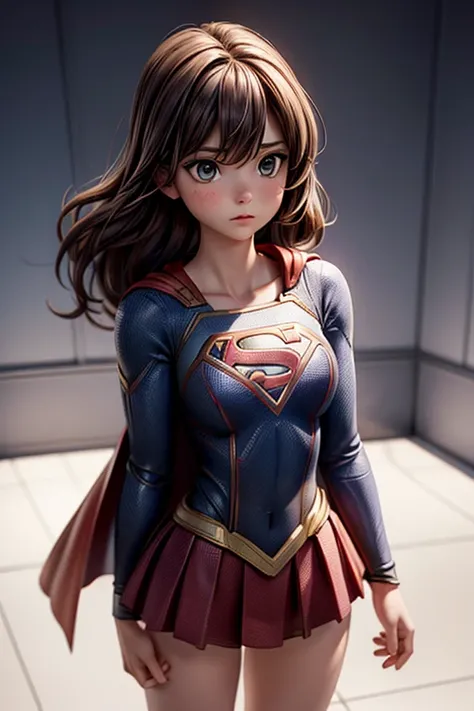 Supergirl , personagem da DC Comics , Extremely short costume ,  facing the spectator ,  looking down  ,  looking at the spectator  , standing ,  upper half of the body  ,  in a large empty room with white walls 